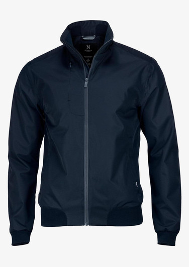 A navy jacket with a zip front, high collar, and ribbed cuffs. It features a logo on the upper left side.