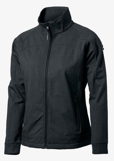 A black soft shell jacket with a high collar and zip closure, featuring side pockets and a logo.