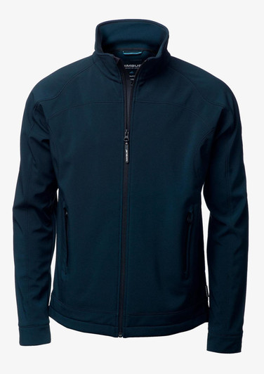 A navy soft shell jacket with a high collar and zipped pockets, featuring a logo on the chest.