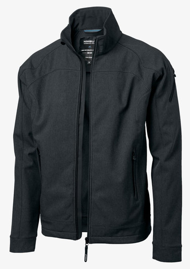 A black soft shell jacket with a high collar and zippered front, featuring pockets and a logo.