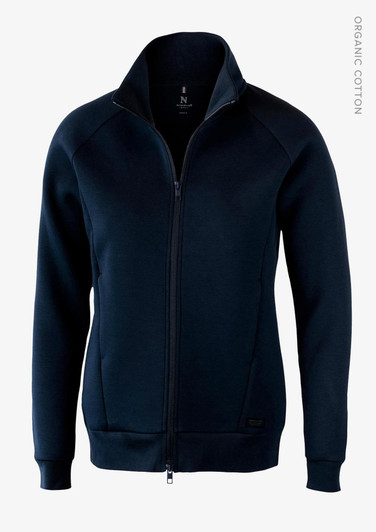 A navy jacket with a full zip and high collar, featuring a logo, made from organic cotton.
