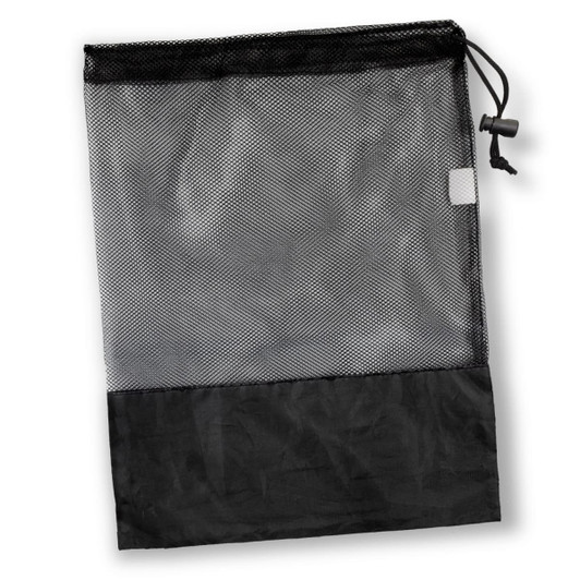 A black drawstring mesh bag with a solid black base, featuring a toggle closure and a logo.
