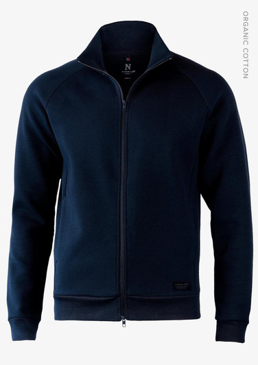 A navy blue zip-up jacket with a high collar and a logo on the chest.