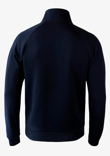 A navy blue jacket with a high collar and raglan sleeves, featuring a logo on the back.