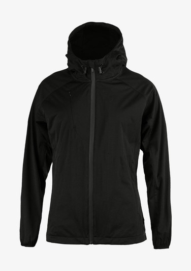 A black soft shell jacket featuring a hood, zippered front, and a logo on the upper left side.