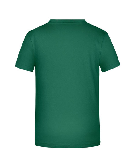 A green T-shirt with a plain back view and short sleeves, featuring a logo on the neck area.