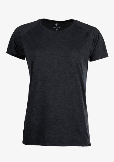 A black women’s T-shirt with a classic crew neckline and short sleeves, featuring a logo.