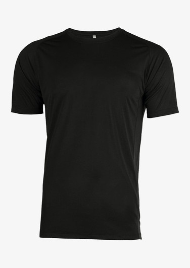 A black men's T-shirt with short sleeves, featuring a simple design and no visible branding.