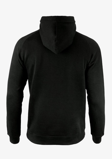 A black hoodie with a front kangaroo pocket and a hood, featuring a logo on the back.