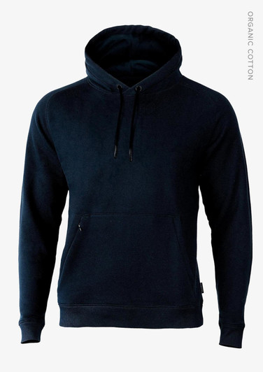 A navy hoodie made from organic cotton, featuring a front pocket and a drawstring hood. It has a logo on the side.