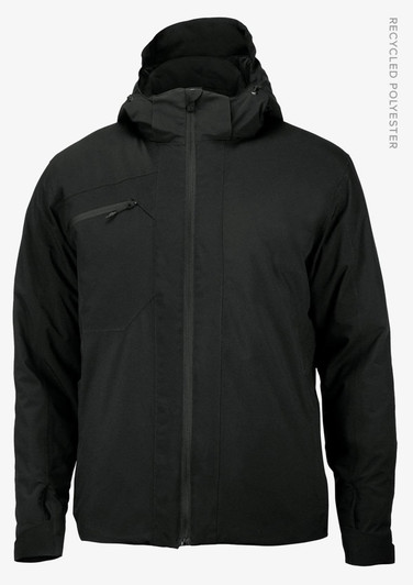 A black puffer jacket with a hood and a zippered pocket, featuring a logo on the side.