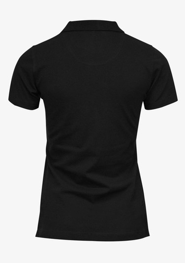 A black women's polo shirt with a classic design and a logo on the back. Short sleeves and a collar are featured.