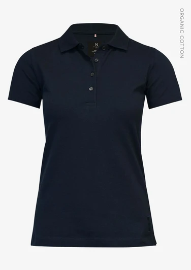 A navy blue women's polo shirt with a classic collar and buttons, featuring a logo on the hem.