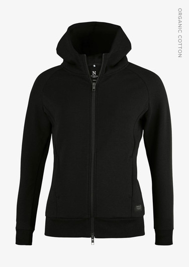 A black zip-up hoodie with a hood, featuring a fitted silhouette and a logo on the front.