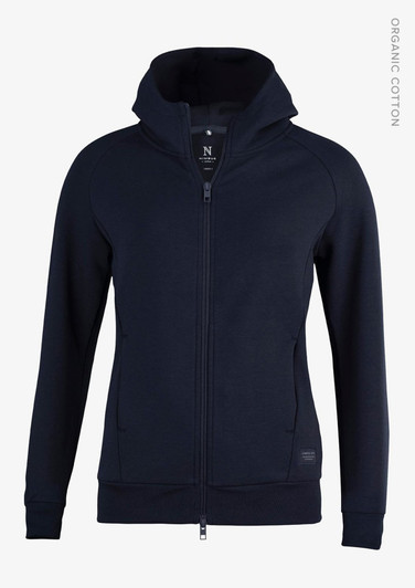 A navy blue women's hoodie jacket with a zip, featuring a hood and a logo. Made from organic cotton.