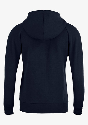 A navy blue women's hoodie featuring a full back design and a hood. It includes a logo on the back.