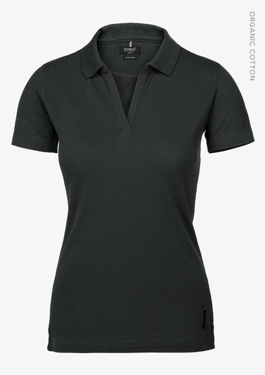 A black women's polo shirt with a V-neck design, featuring a logo and made of organic cotton.