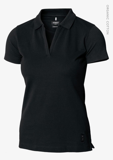 A black women's V-neck polo shirt made of organic cotton, featuring a logo. Suitable for casual wear.