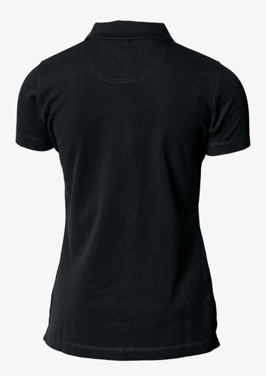 A black women's polo shirt featuring a V-neck and short sleeves, with a logo on the back.
