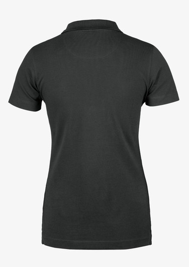 A dark grey women's polo shirt featuring a V-neck design and a logo on the back.