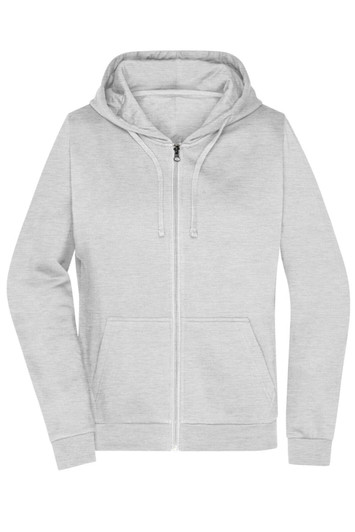 A grey zip-up hoodie with a hood and front pockets, featuring a logo. Suitable for women's wear.