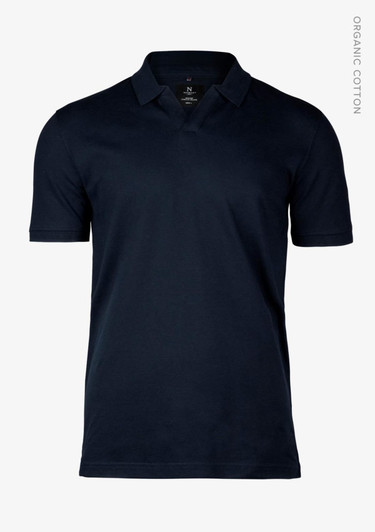 A navy blue men's polo shirt with a V-neck and short sleeves, featuring a logo on the chest.