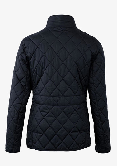A navy quilted women's jacket with a stand-up collar and a fitted silhouette, featuring a logo on the back.