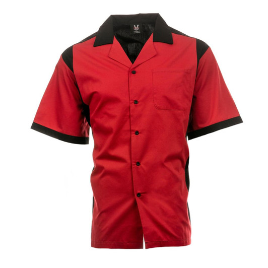 A red and black woven bowling shirt featuring a button-up design and a chest pocket. It has a logo on the collar.