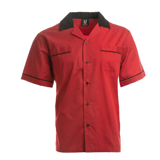 A red button-up bowling shirt with a black collar and trim, featuring two front pockets.