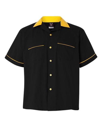 A black button-up shirt with yellow accents and two front pockets. It features a contrasting collar and piping.