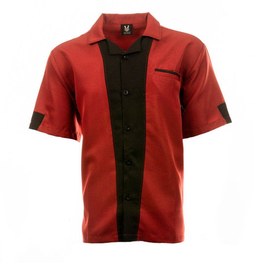 A red and black button-up bowling shirt featuring a collar and short sleeves, with a chest pocket and branding.