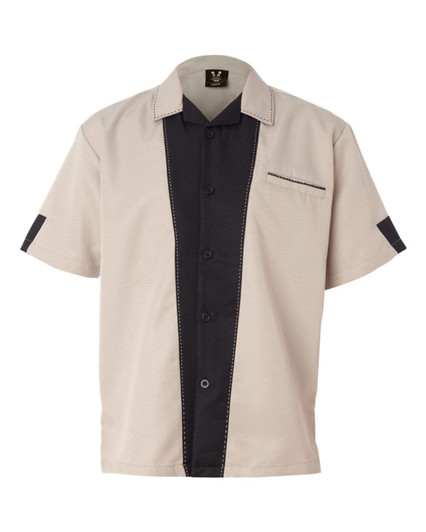 A button-up bowling shirt featuring a beige and black design with contrasting stitching and a chest pocket.