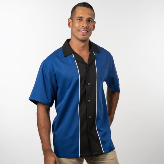 A button-up bowling shirt in blue with a black collar and front, featuring a logo and a relaxed fit.