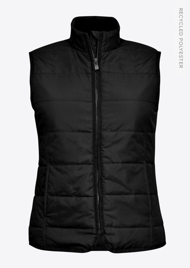 A black women's vest with a zip front and a sleeveless design, featuring a logo.