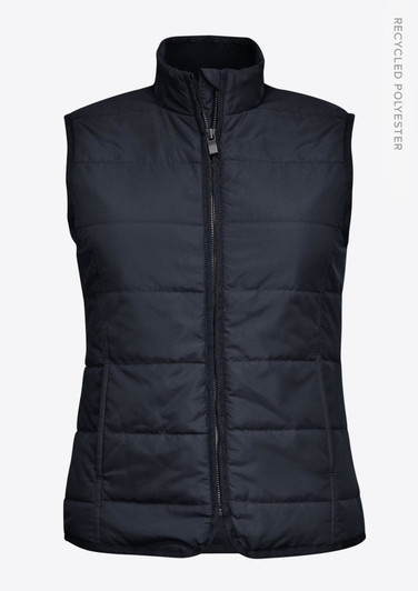A navy women's vest with a zip front, featuring a quilted design and a high collar. It includes a logo.