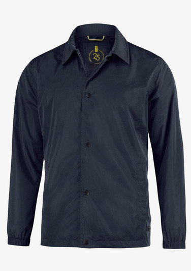 A unisex, navy jacket featuring a button-down front and a logo. Ideal for various casual occasions.