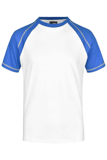 A men's raglan t-shirt featuring a white body and blue sleeves, with contrasting trim and a logo on the label.