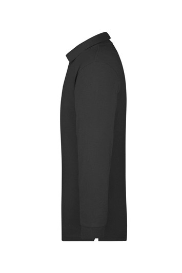 A black long-sleeved polo shirt with a classic collar and a logo on the side.