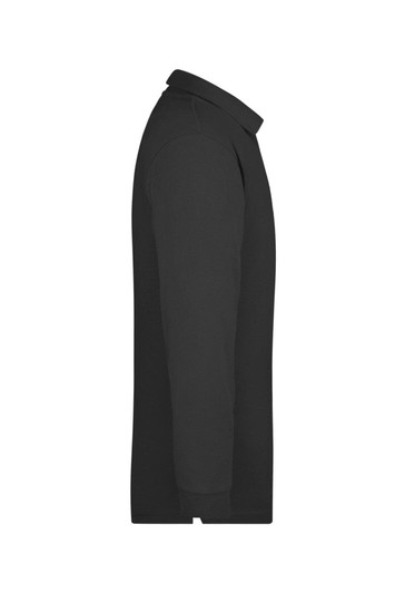 A long-sleeved black polo shirt with a collar, featuring a branding logo.