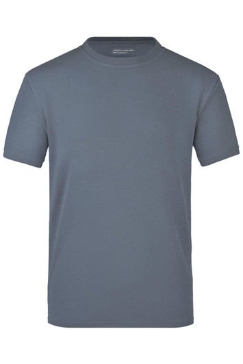 A plain grey T-shirt with a crew neck and short sleeves. The shirt has a logo displayed on it.