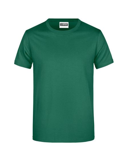 A green T-shirt with a round neckline and short sleeves, featuring a branding logo.
