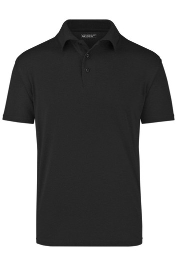 A black polo shirt with a classic collar and three buttons, featuring a logo on the chest.
