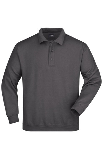 A grey long-sleeve polo shirt featuring a collar and three buttons, with a branding logo on the front.