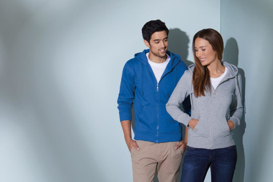 A blue men's hooded jacket and a grey women's hooded jacket, both featuring front pockets, against a light backdrop.
