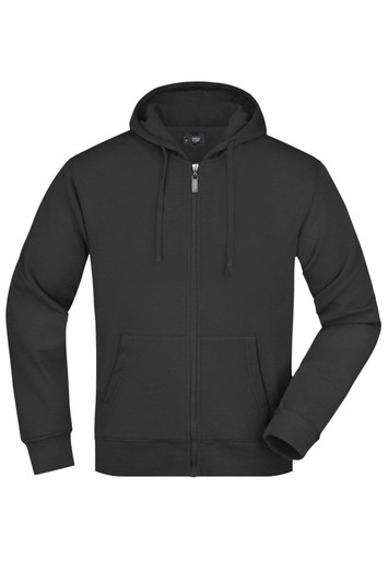 A black men's hooded jacket with a zip front and pockets, featuring a logo on the chest.