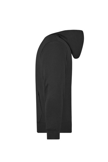 A black men's hooded jacket with a front pocket and a hood, featuring a logo on the clothing.