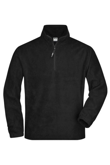 A black half-zip fleece jacket with long sleeves and a zippered collar. It features a logo on the front.