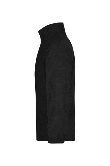A black half-zip fleece jacket with a high collar, featuring a simple design and sleeves.