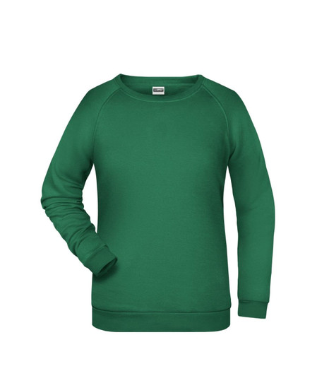 A green sweater with long sleeves, featuring a round neck and ribbed cuffs. It has a branding logo.