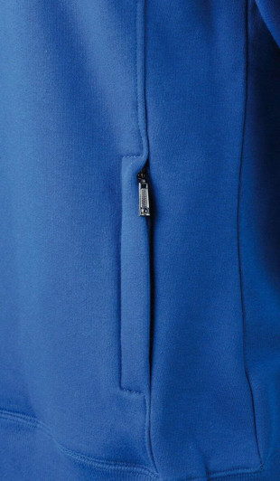 A blue ladies jacket featuring a zippered pocket. The fabric appears smooth and comfortable.